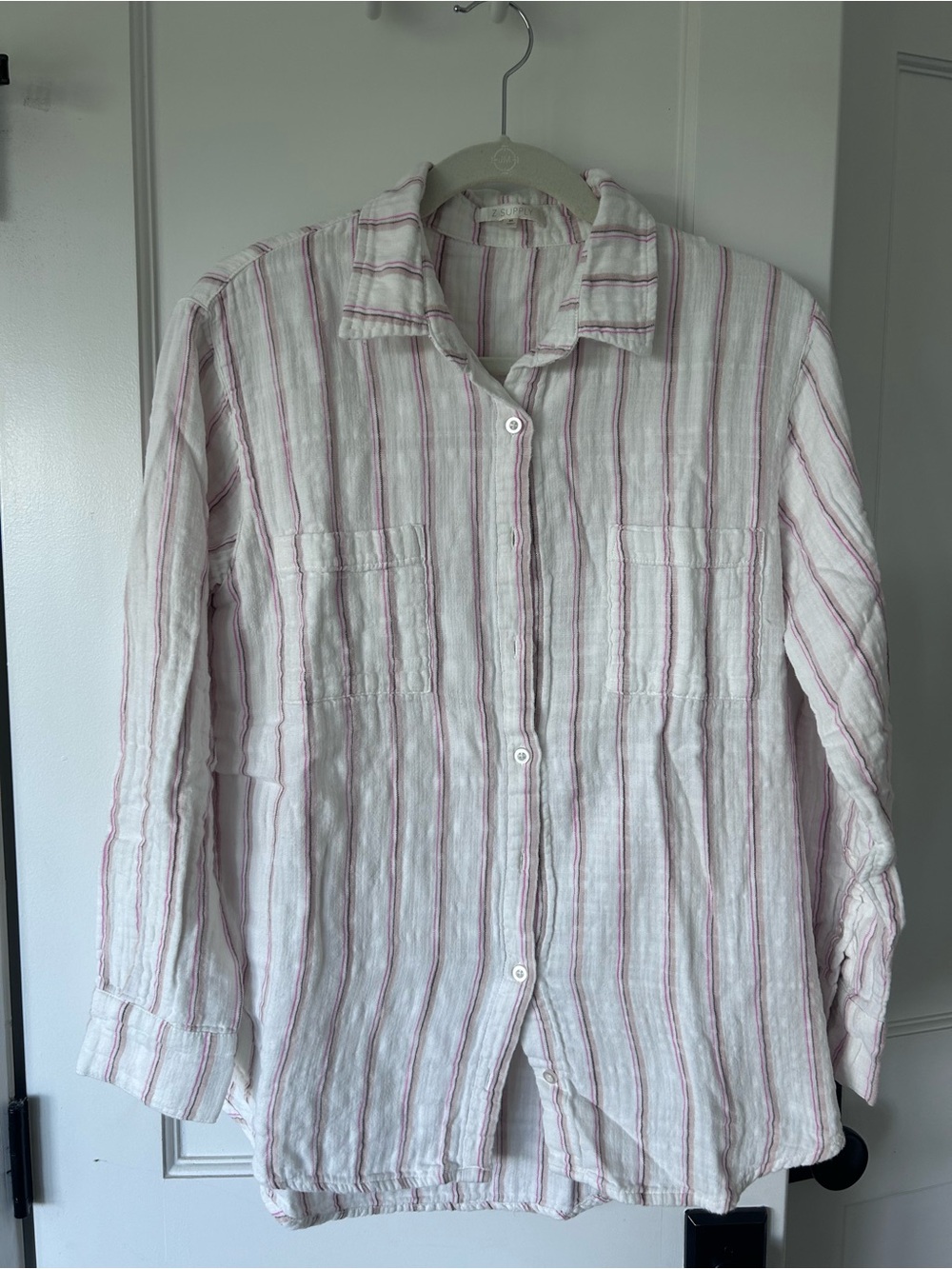 Z Supply White Pink Stripe Double Gauze Cotton Button Down Shirt Medium